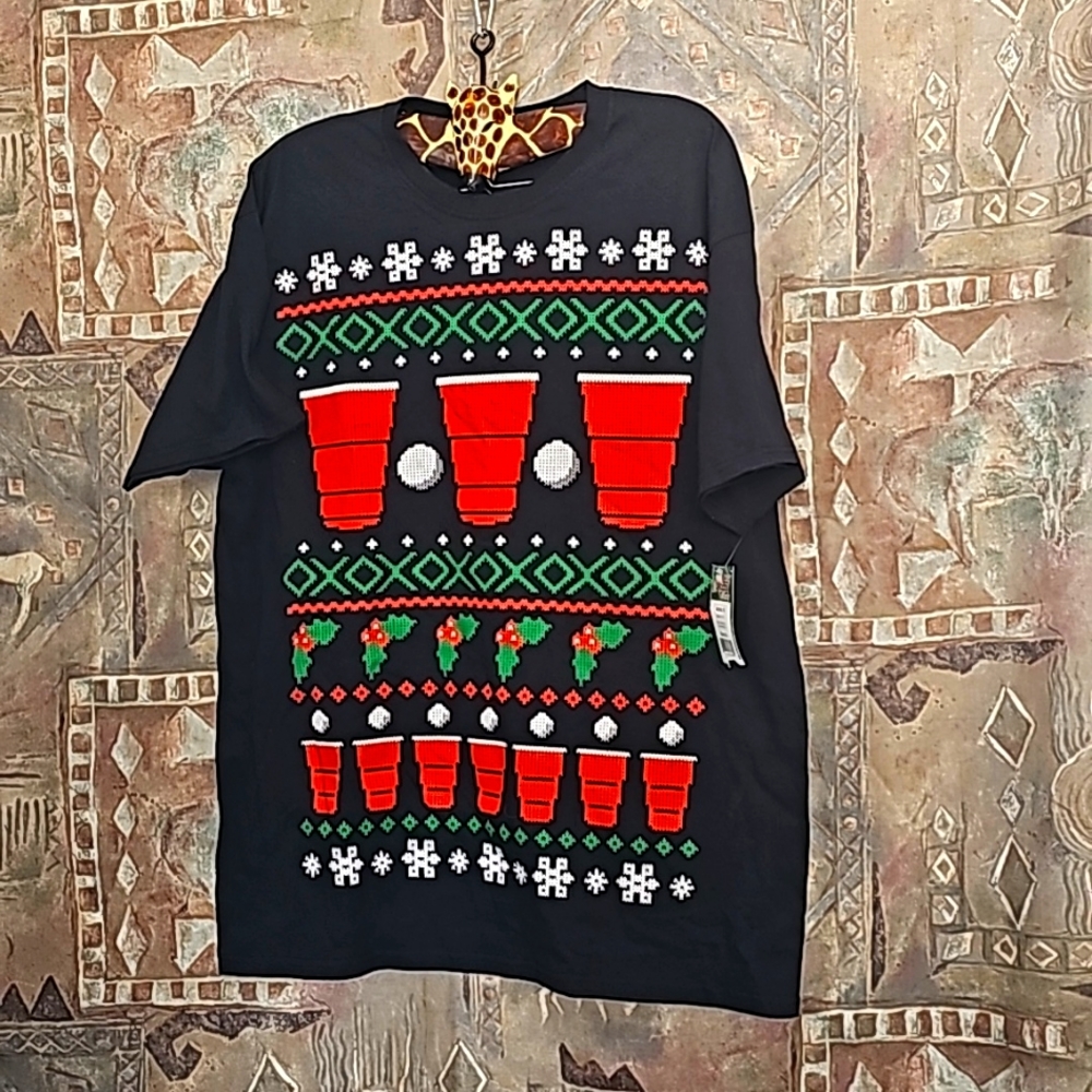 NWT Fruit of the Loom ugly Christmas X-mas holiday T-Shirt funny beer pong party